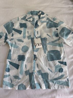 ZARA Boy’s Short Sleeve White Shirt with Blue Abstract Brush Print